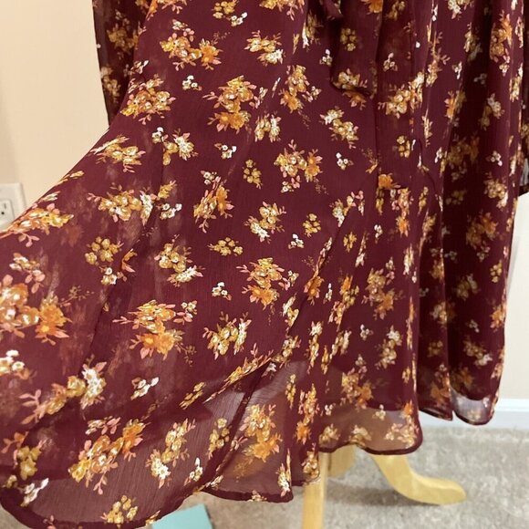MSK Fit and Flare Dress Womens L Ruby Wine Sheer Micro Floral Fairy Whimsical - Picture 4 of 15